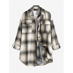 Women's Wool Blend Drop Shoulder Plaid Belted Button Up Pocket Longline Shacket