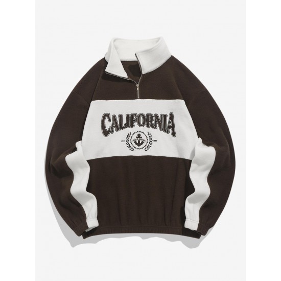 Women's Blokecore Colorblock Two Tone CALIFORNIA Graphic Embroidered Quarter Zip Stand Collar Thermal Fleece Drop Shoulder Pullover Sweatshirt